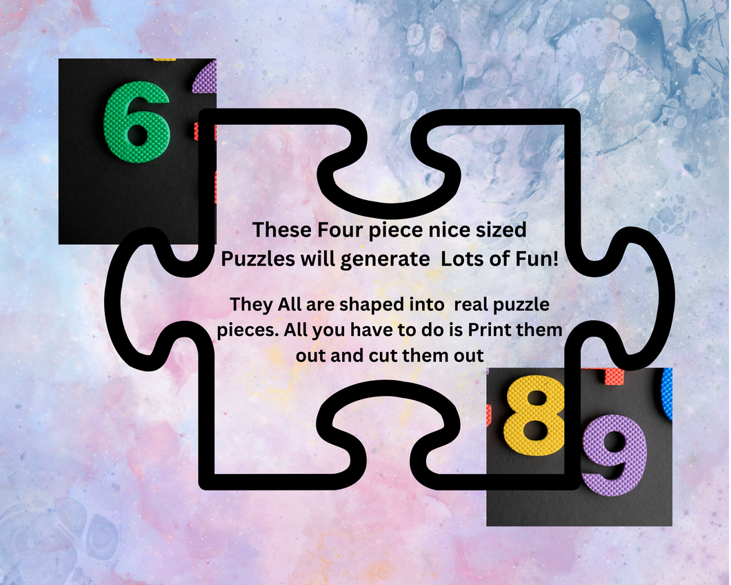 Puzzles to help protect and grow your Brain. Set 3. You get 3- puzzles and Each puzzle has 4 big pieces. Cake with candles, numbers on a board, and gift packages.