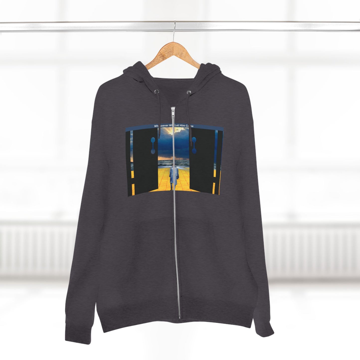 Surreal Doorway Zip Hoodie — Lone Figure Nightscape Artwork