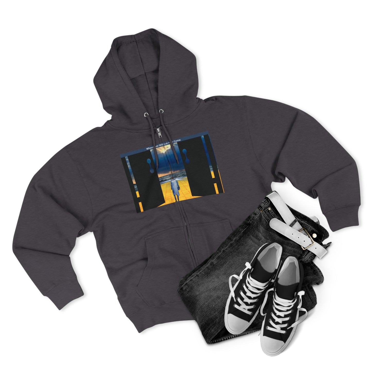 Surreal Doorway Zip Hoodie — Lone Figure Nightscape Artwork
