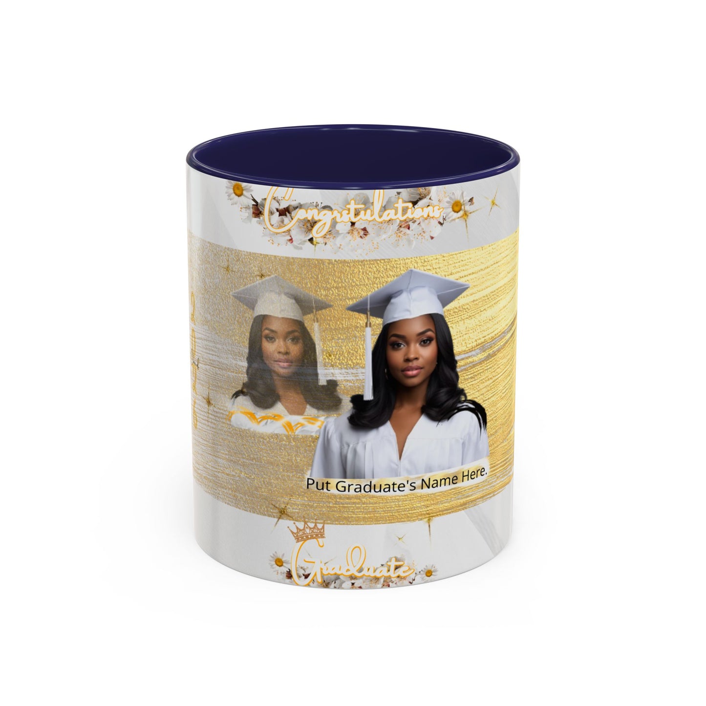 Mug: Graduation Photo Coffee Mug. Personalized Grad Gift with Gold Brush Design (11oz)