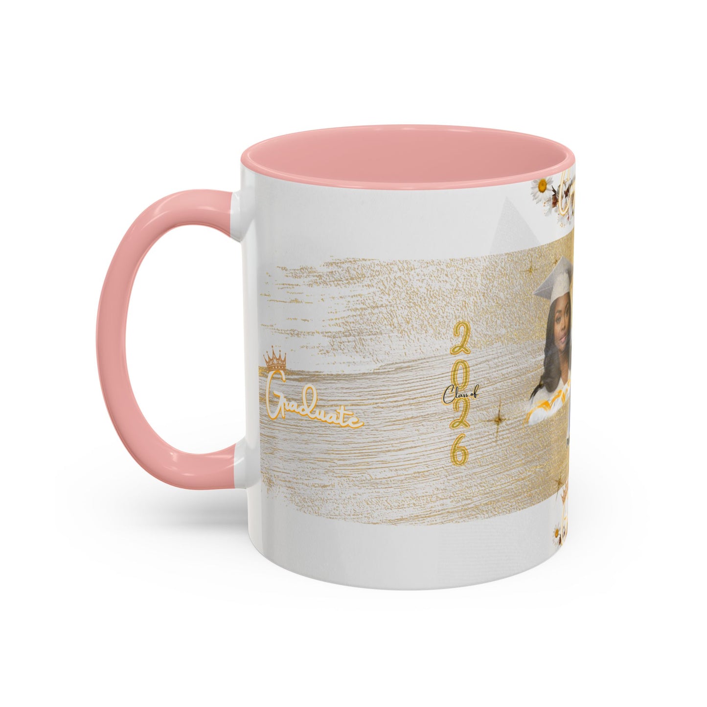 Mug: Graduation Photo Coffee Mug. Personalized Grad Gift with Gold Brush Design (11oz)