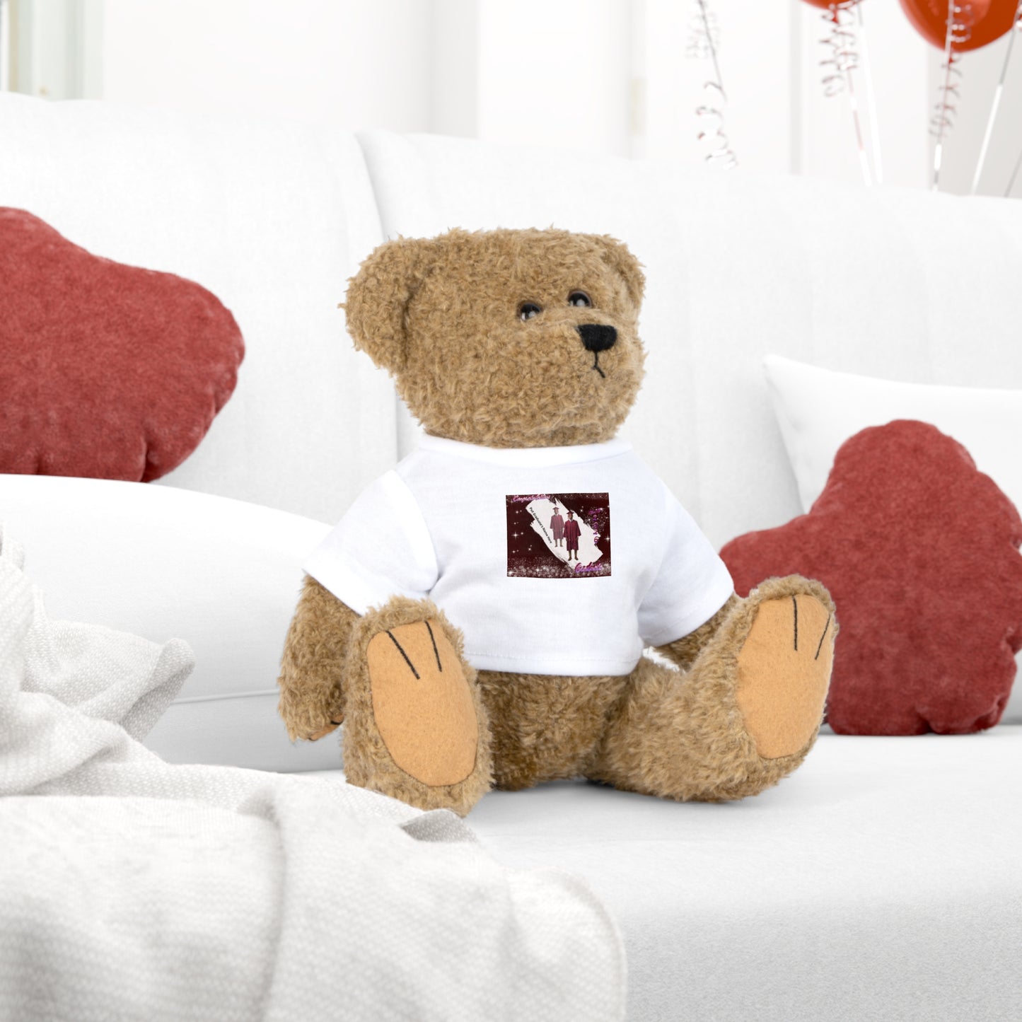 Teddy Bear Stuffed Bear Plush Graduation, personalize photo and name T-Shirt, Winter Couple Silhouette Design. Mahogany/Deep Red