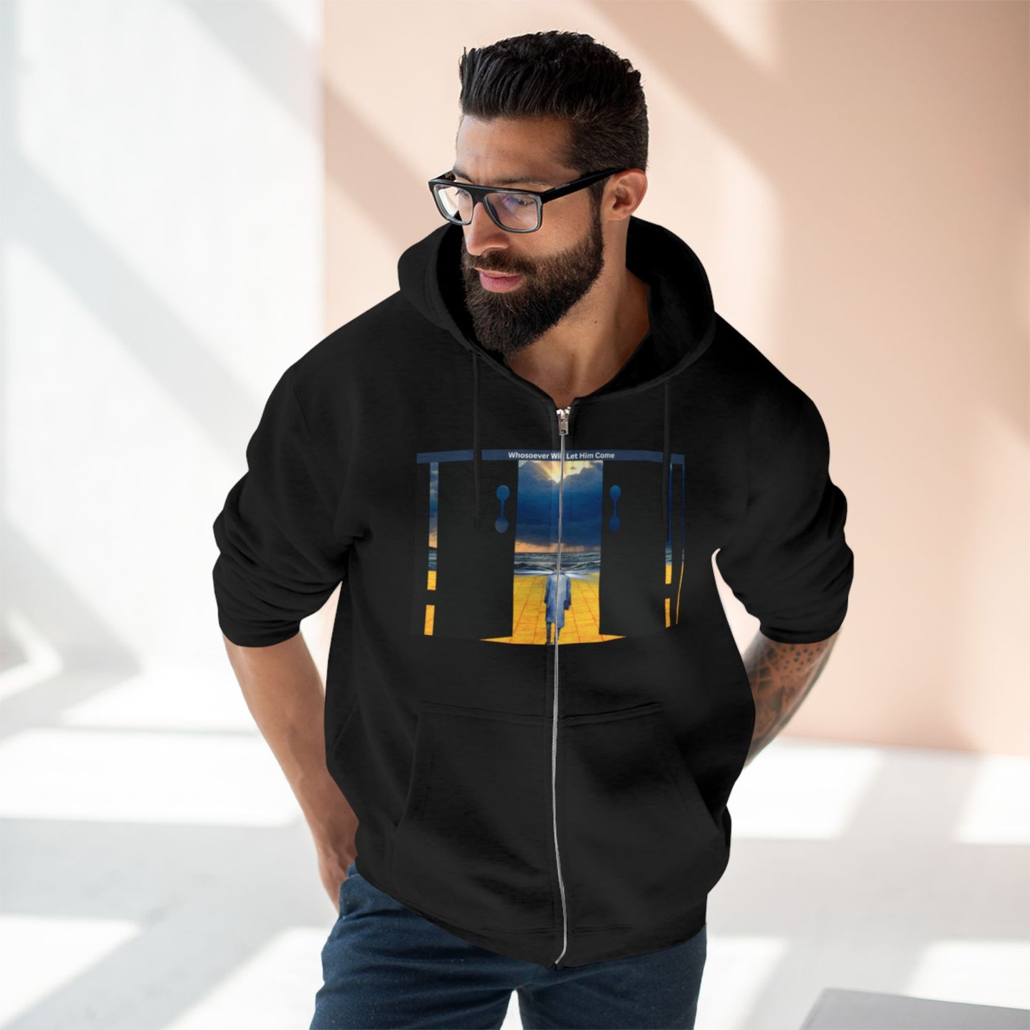 Surreal Doorway Zip Hoodie — Lone Figure Nightscape Artwork