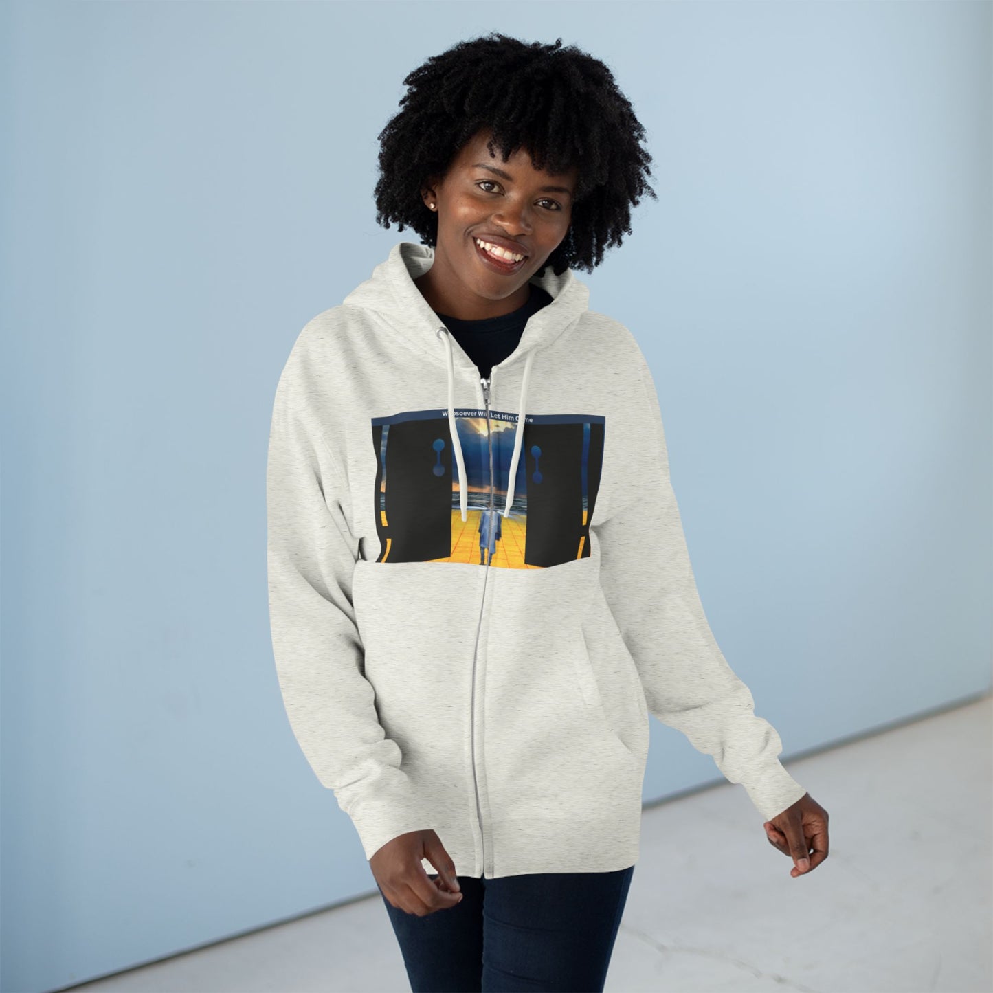 Surreal Doorway Zip Hoodie — Lone Figure Nightscape Artwork