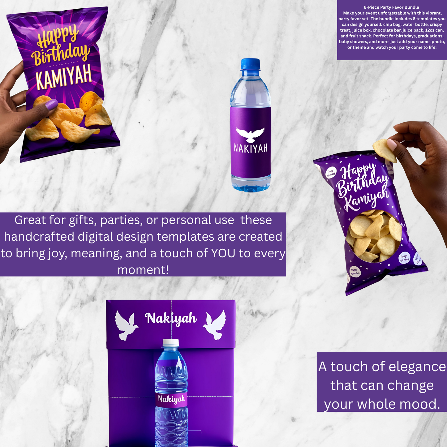 8-Piece Party Favor Bundle Template plus a small water bottle template. Making the bundle a 9 piece!