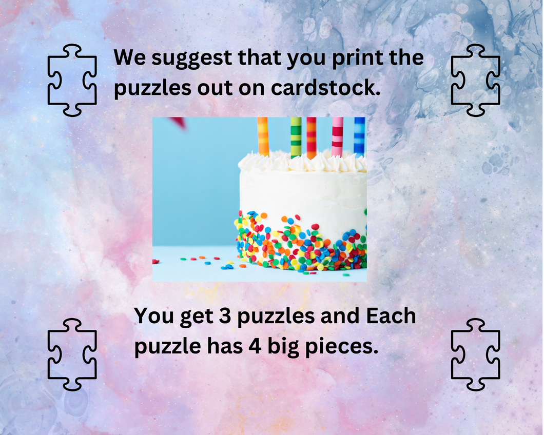 Puzzles to help protect and grow your Brain. Set 5. You get 3- puzzles and Each puzzle has 4 big pieces. Capital A, walking hamburger, the number 5.