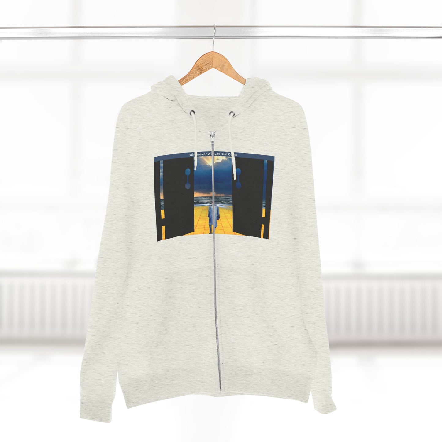 Surreal Doorway Zip Hoodie — Lone Figure Nightscape Artwork