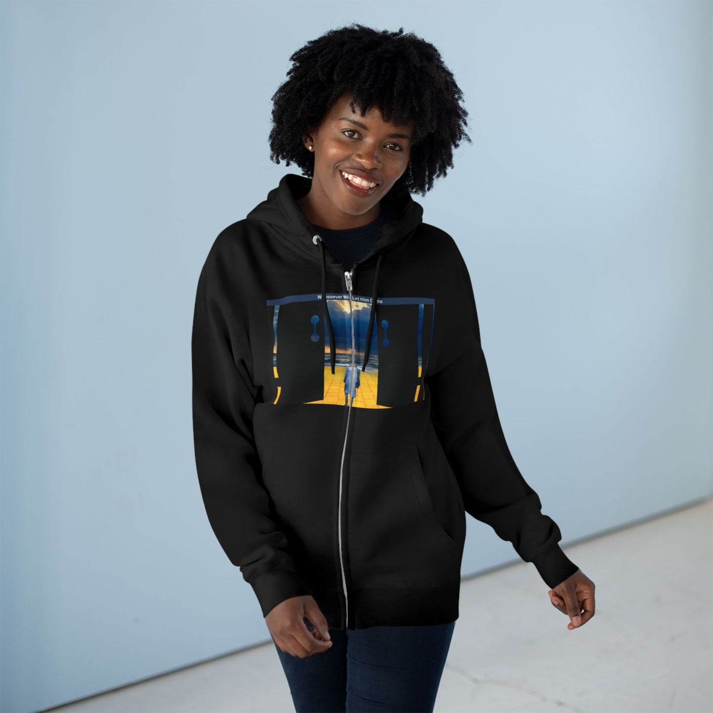 Surreal Doorway Zip Hoodie — Lone Figure Nightscape Artwork