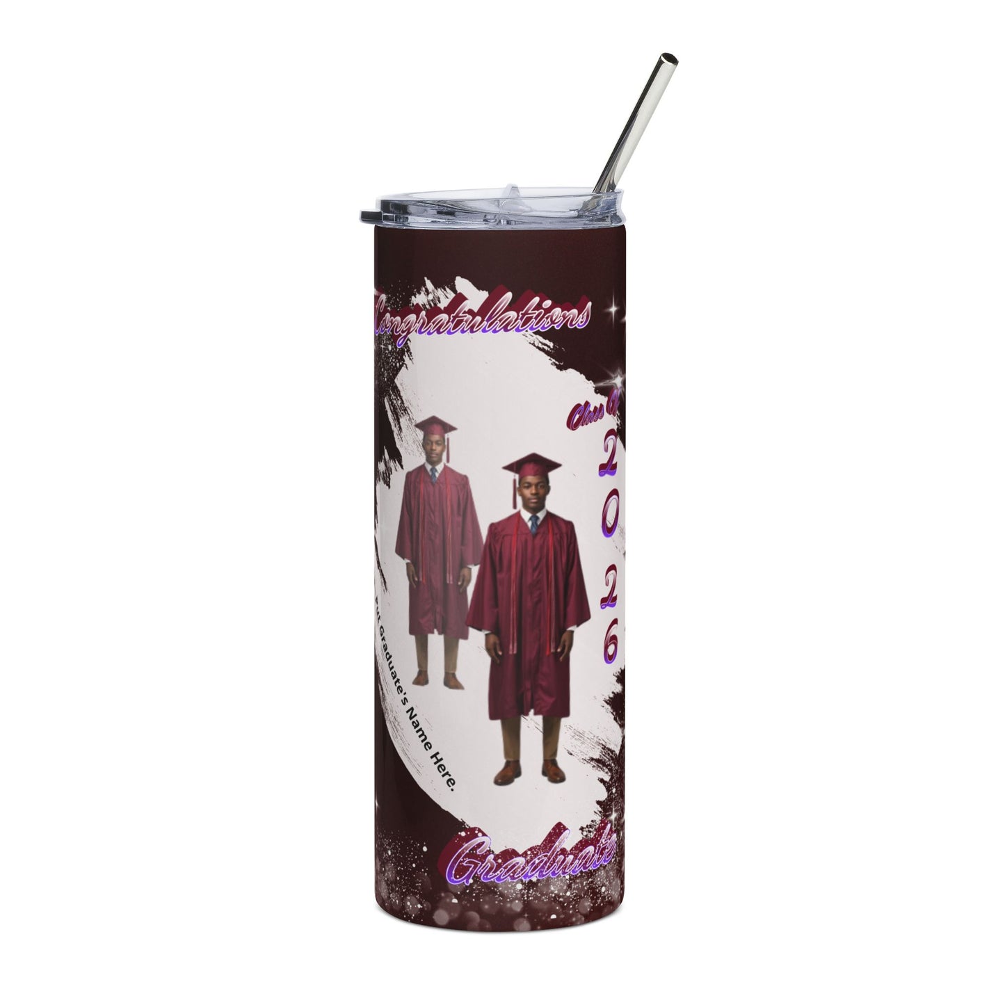 Tumbler: Graduation 2026 Stainless Steel Tumbler Personalized Grad Cap Gown Design. Maroon/Deep Red