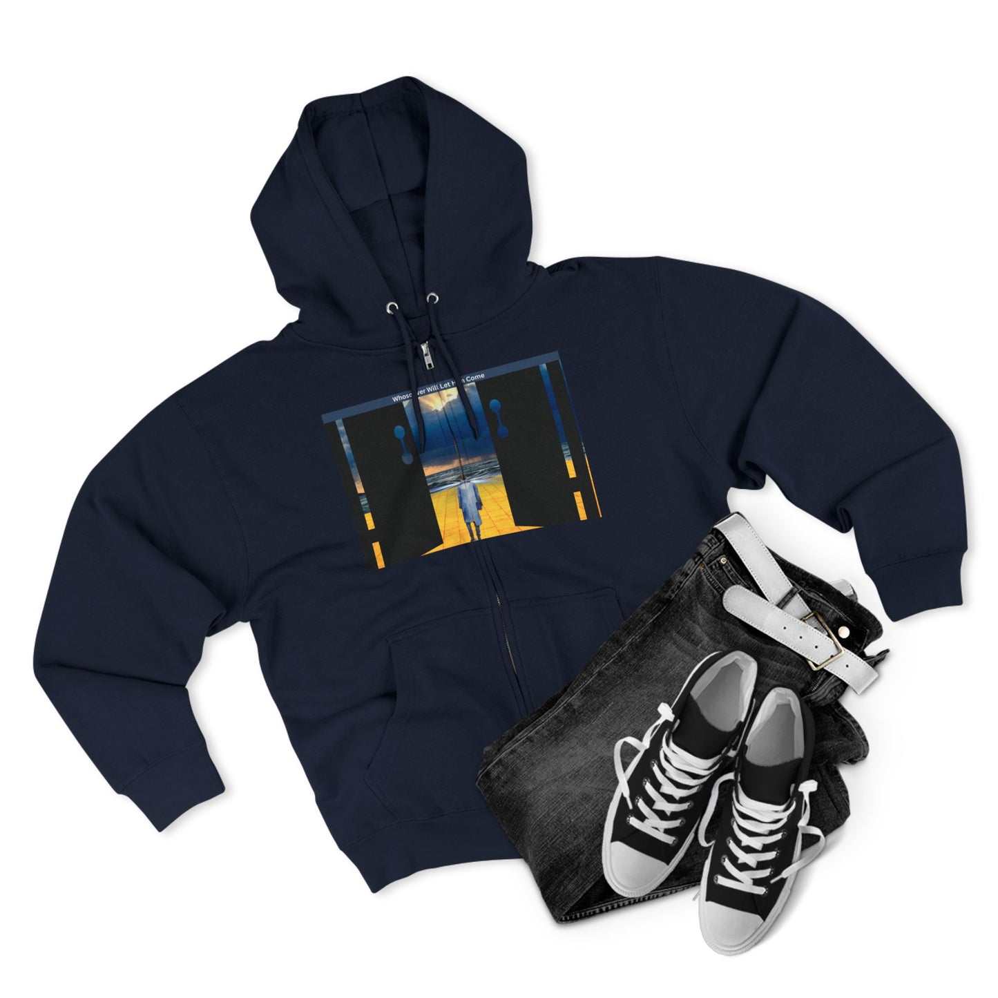 Surreal Doorway Zip Hoodie — Lone Figure Nightscape Artwork