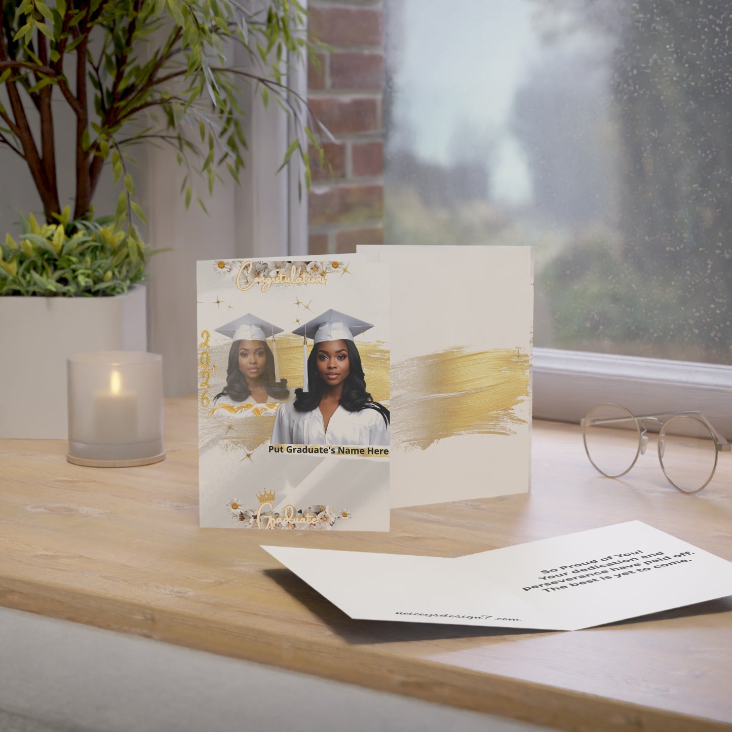Graduation Photo Greeting Cards — Customizable Gold & White Grad Cards (Add Name)