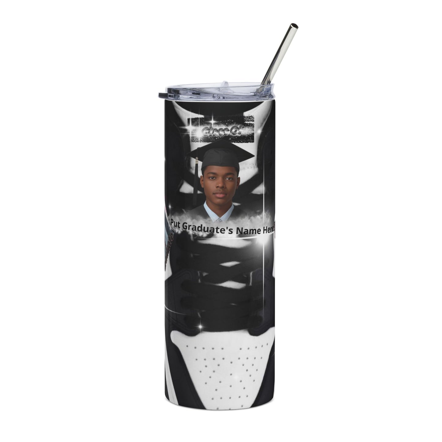 Tumbler: Graduation Photo Stainless Steel Tumbler Custom Grad Name, 20oz Travel Cup. Black