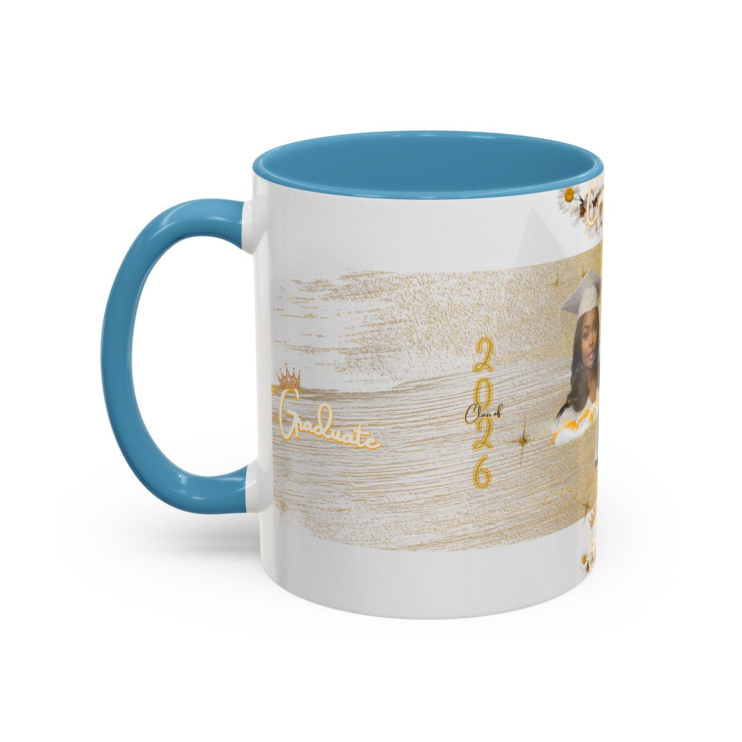 Mug: Graduation Photo Coffee Mug. Personalized Grad Gift with Gold Brush Design (11oz)