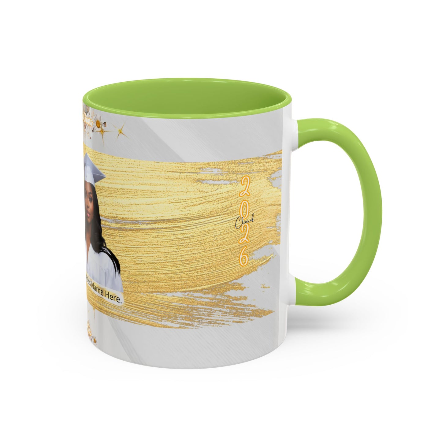 Mug: Graduation Photo Coffee Mug. Personalized Grad Gift with Gold Brush Design (11oz)