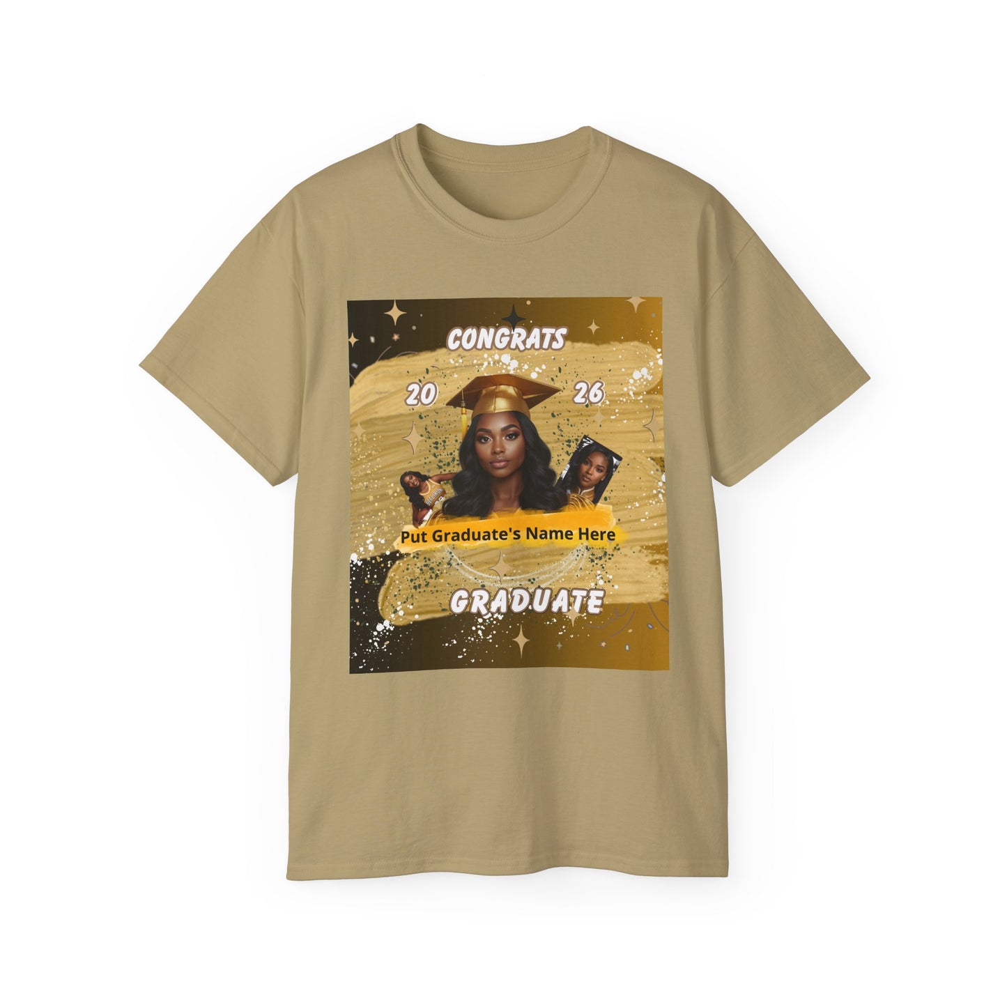 T-Shirts: Graduate Photo Tee Congrats 2026 Personalized Graduation T-Shirt. Gold/Yellow Personalize, upload your photo and write the name.