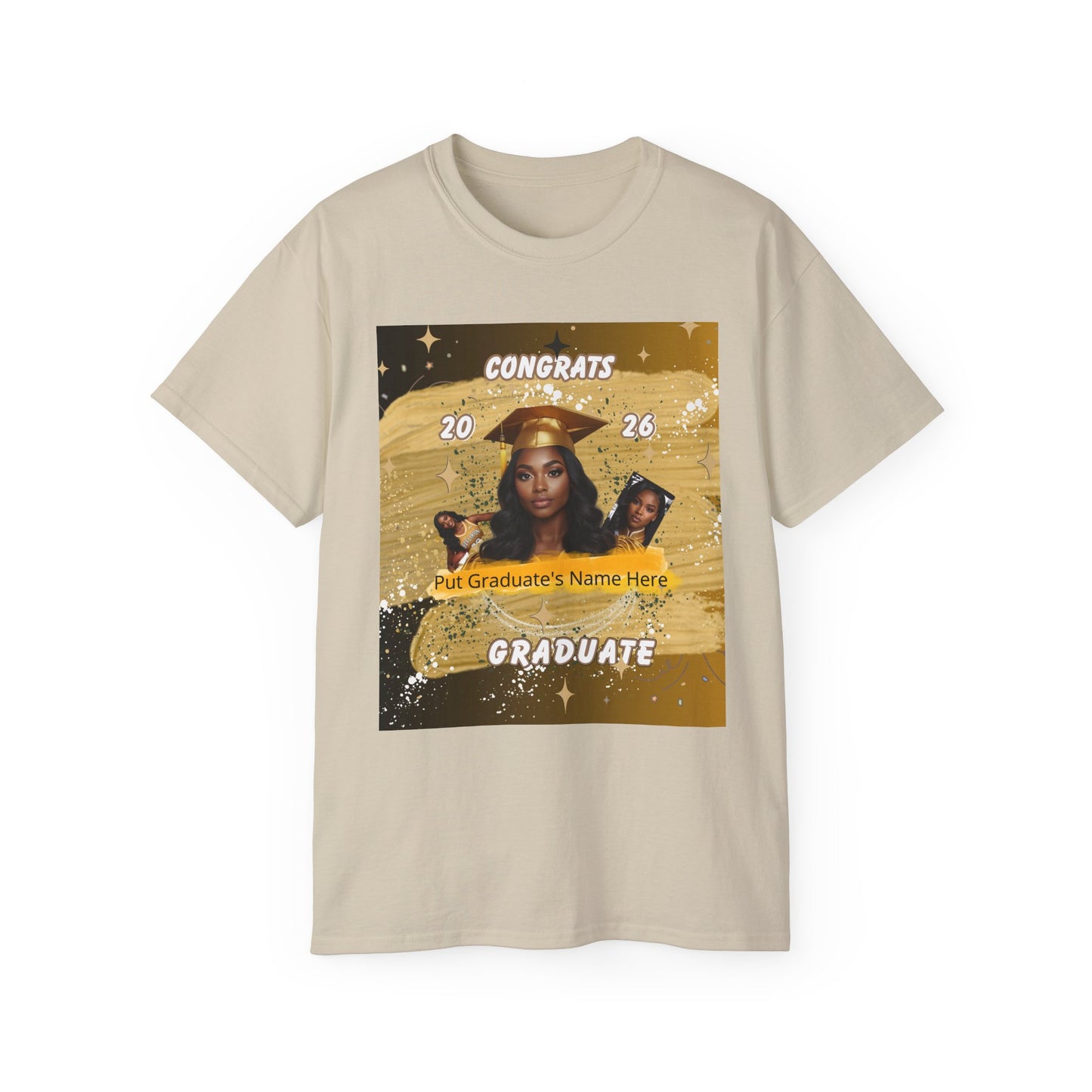 T-Shirts: Graduate Photo Tee Congrats 2026 Personalized Graduation T-Shirt. Gold/Yellow Personalize, upload your photo and write the name.