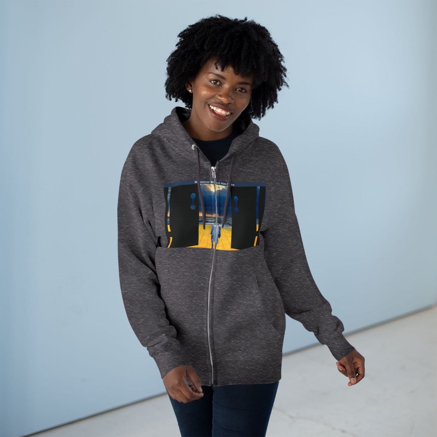 Surreal Doorway Zip Hoodie — Lone Figure Nightscape Artwork