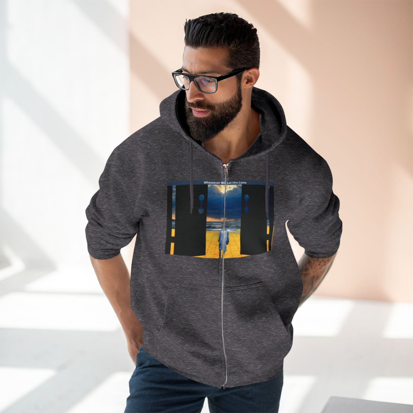 Surreal Doorway Zip Hoodie — Lone Figure Nightscape Artwork