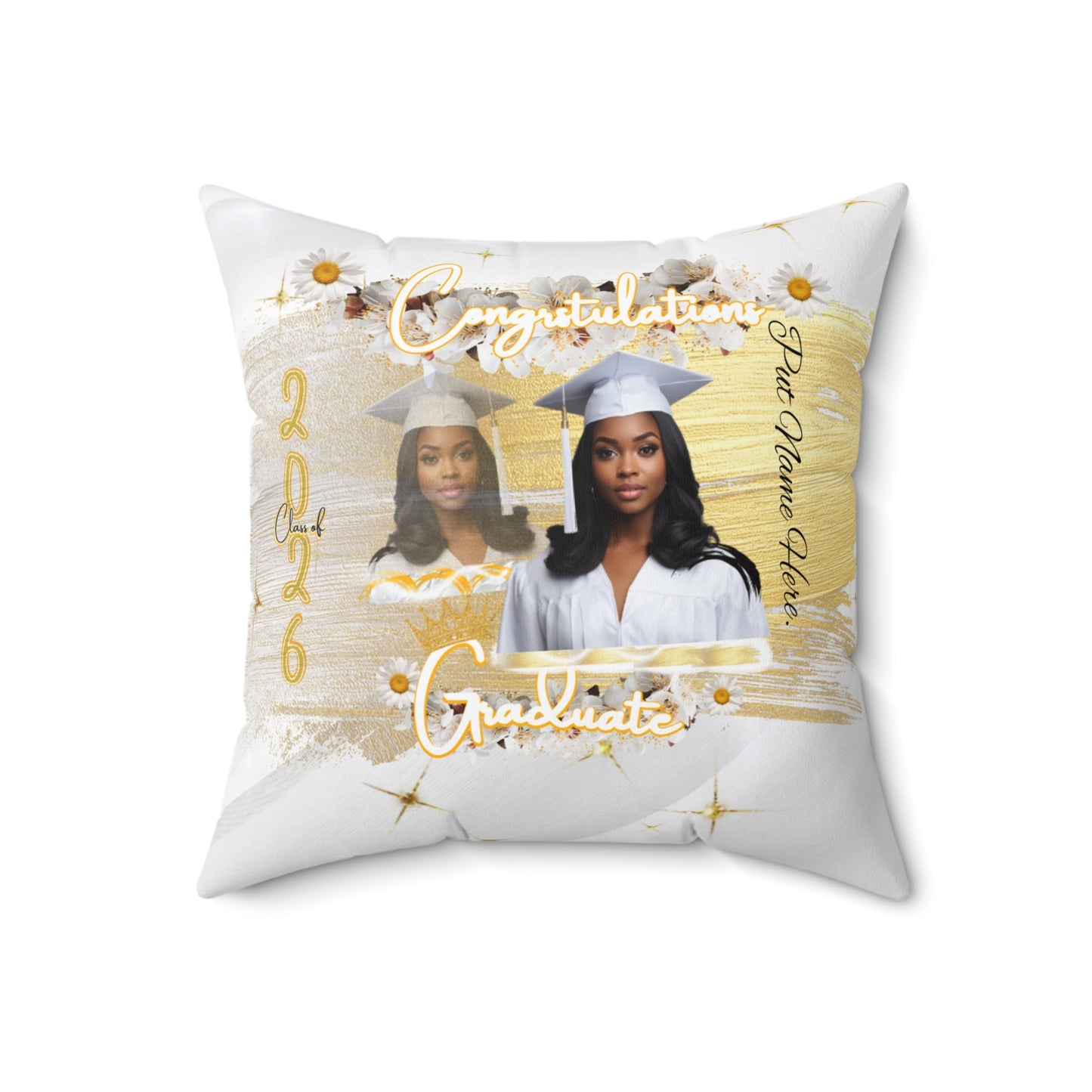 Senior 2026 Graduation Photo Pillow Personalized Gold & White Graduate Keepsake. Add name to front and back.