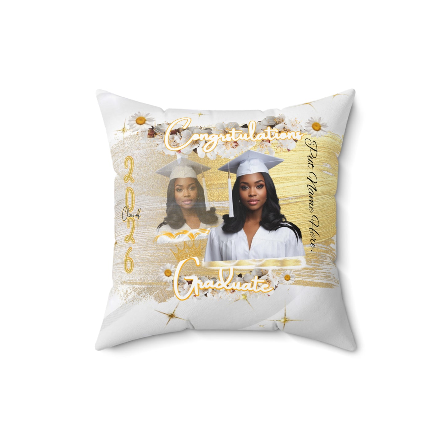 Senior 2026 Graduation Photo Pillow Personalized Gold & White Graduate Keepsake. Add name to front and back.