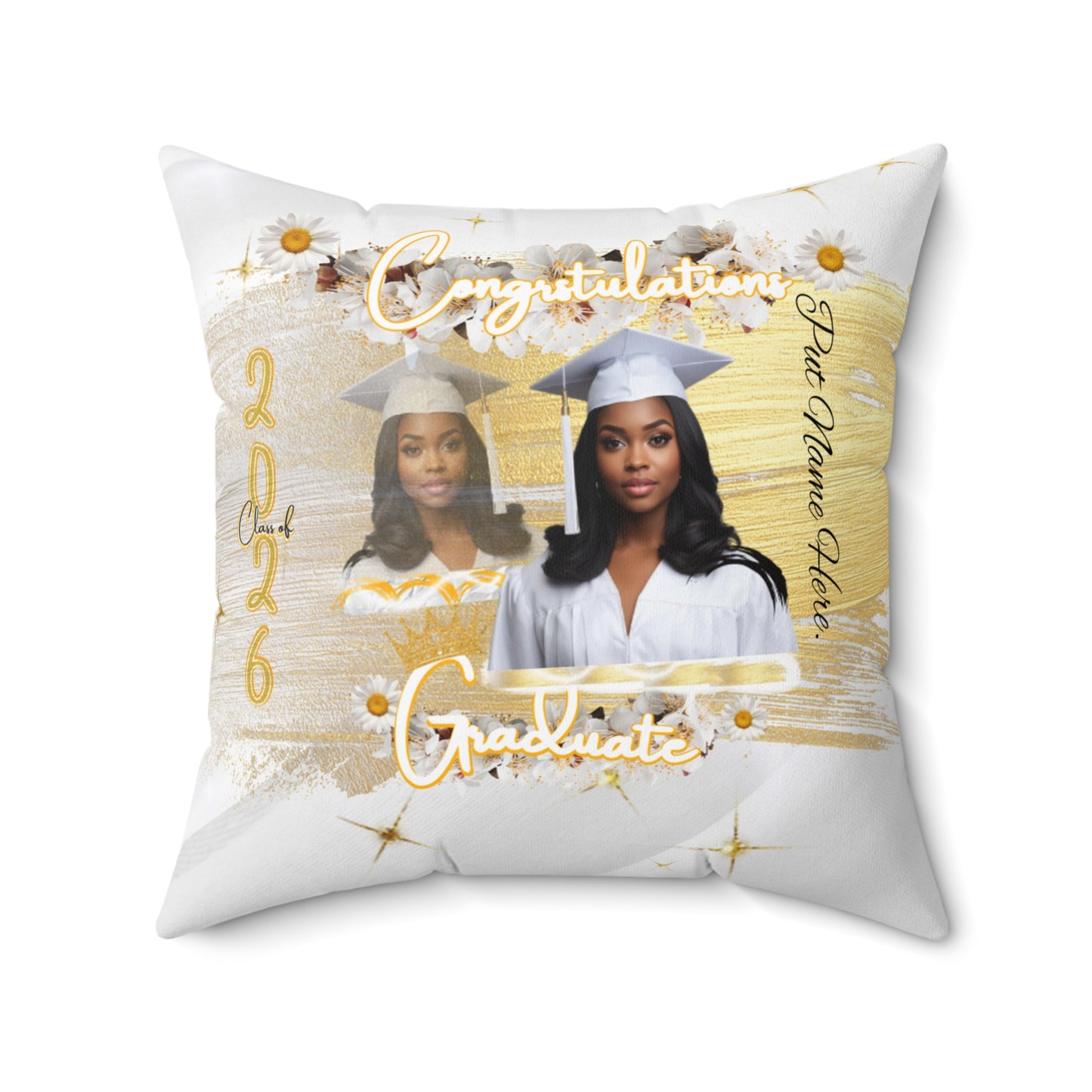 Senior 2026 Graduation Photo Pillow Personalized Gold & White Graduate Keepsake. Add name to front and back.